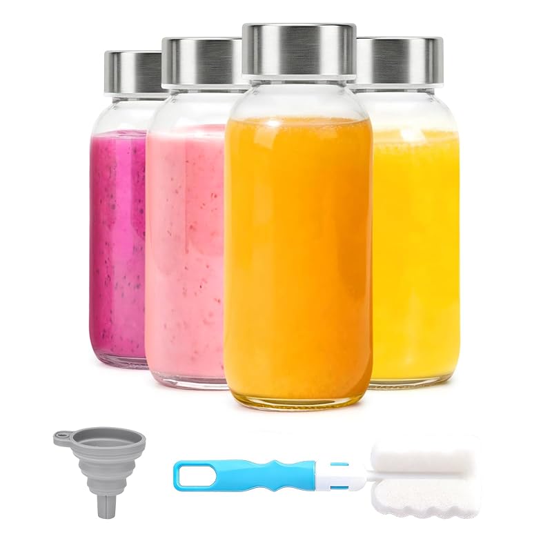 8 oz Glass Bottles with Stainless Steel Lids 4 Pack - Clear BPA-Free Reusable Juice Bottles (Variation: 8oz Clear Glass 4 Pack)
