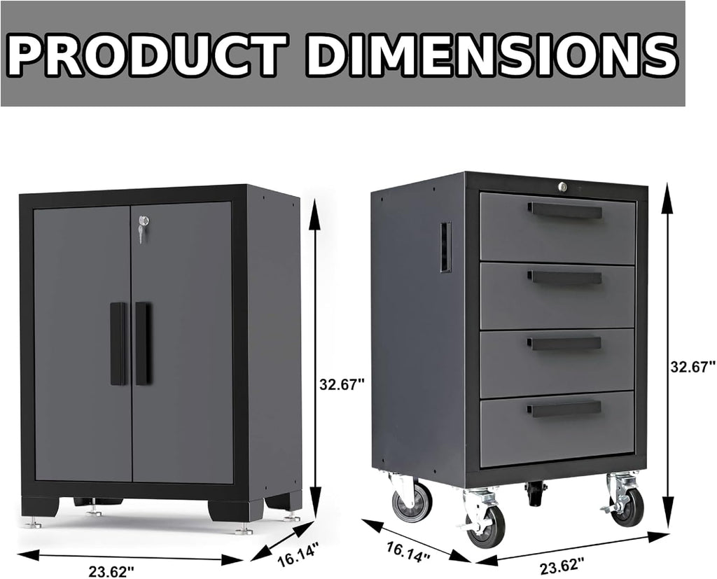 Torin Garage Storage Cabinet Set - 12 Piece Tool Organizer with Lockers, Shelves & Workbench | Black/Grey