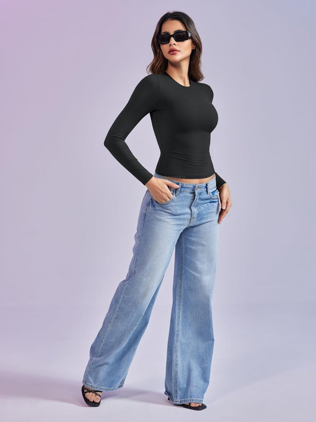YEOREO Long Sleeve Women's Shirt - Y2K Basic Tee with Double Lining & Crew Neck | Perfect for Workouts