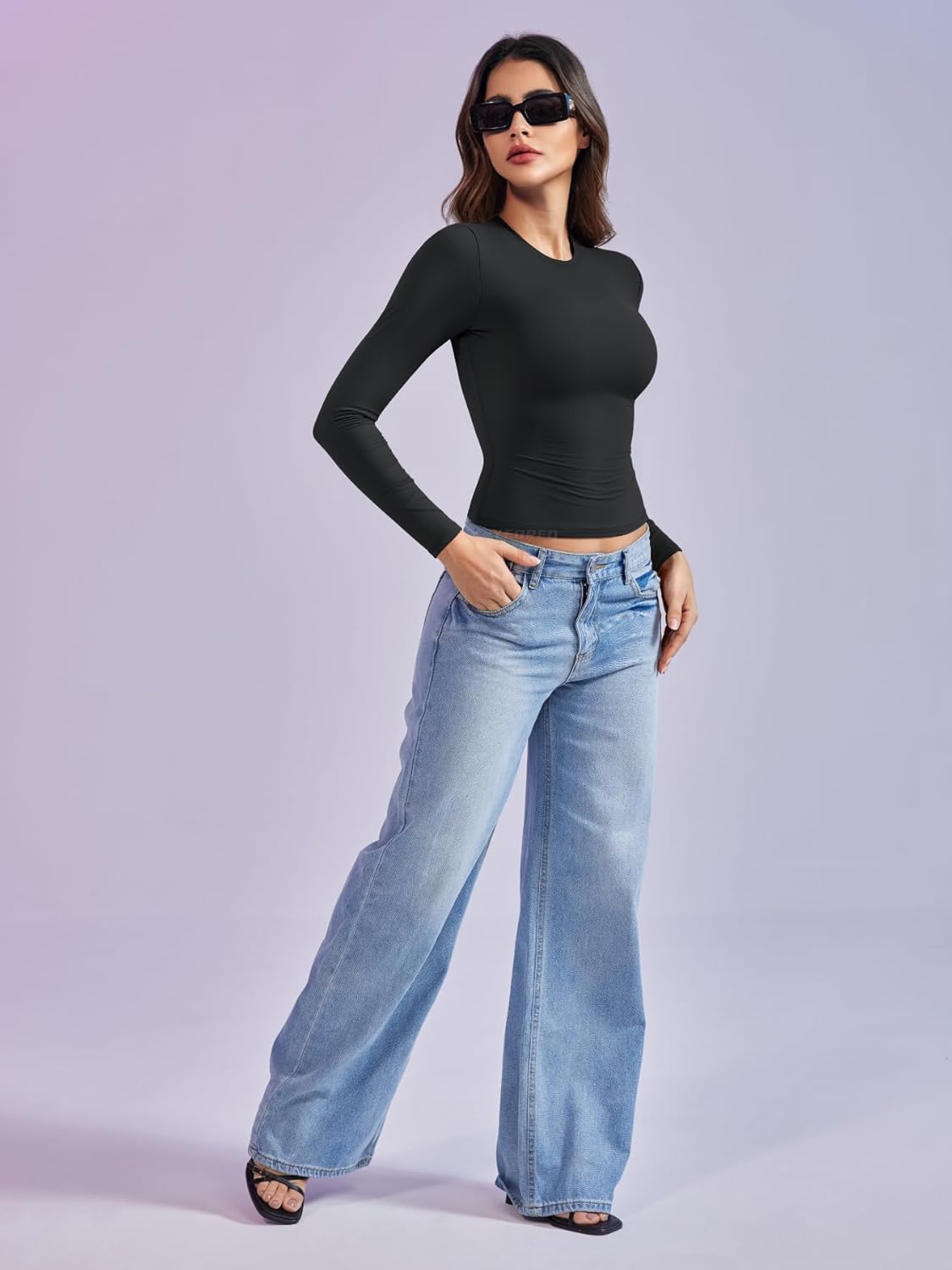 YEOREO Long Sleeve Women's Shirt - Y2K Basic Tee with Double Lining & Crew Neck | Perfect for Workouts