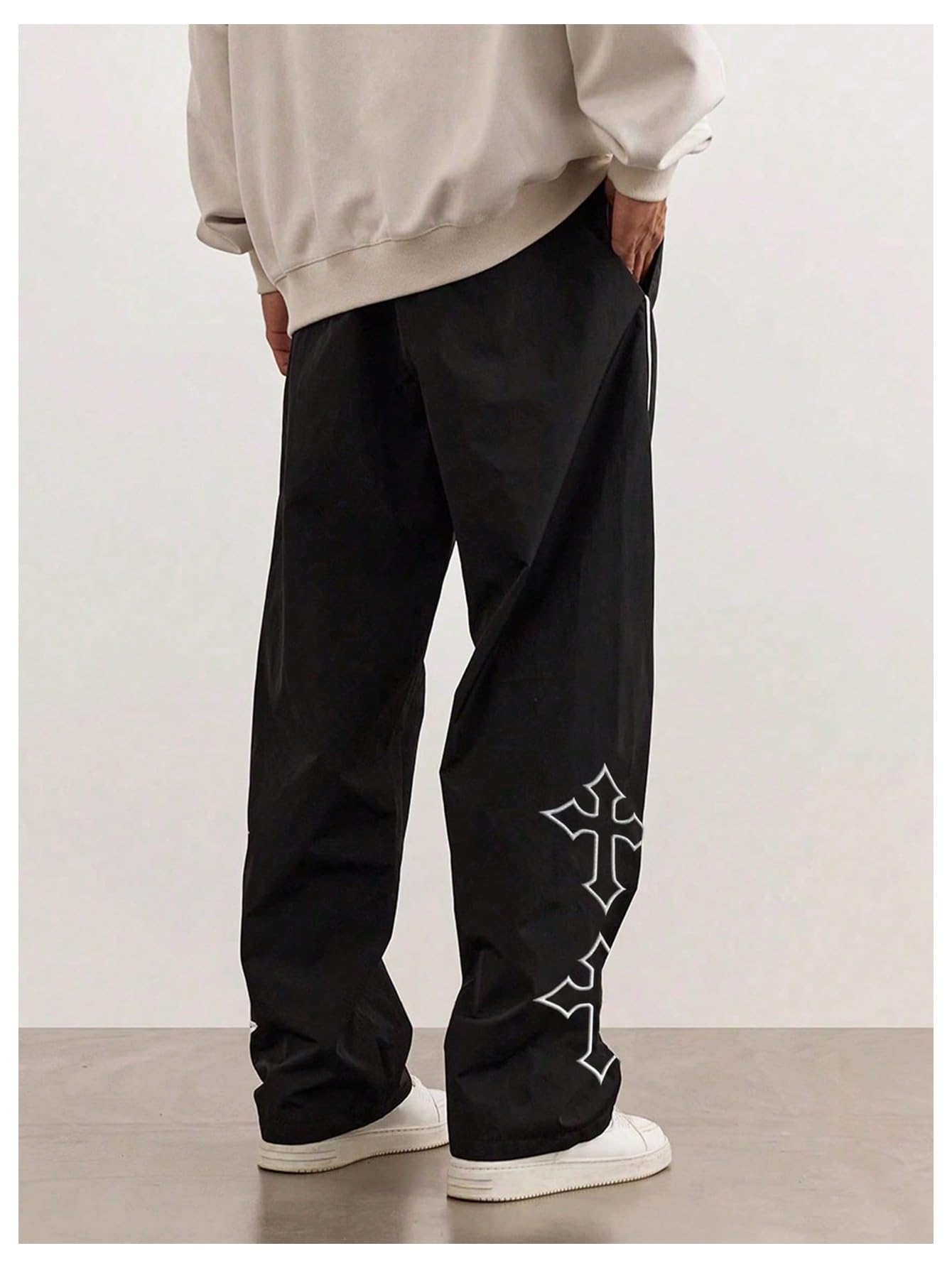 VIPWOLF Men's Cross Graphic Track Pants Y2k Drawstring Waist Stacked Joggers with Pocket Black Medium