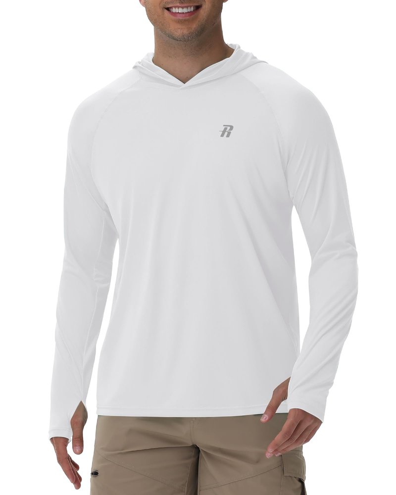Runhit UPF 50+ Fishing Shirts for Men Long Sleeve UV Sun Protection Hoodie Outdoor Workout Hiking Running Rash Guard Lightweight Quick Dry White L