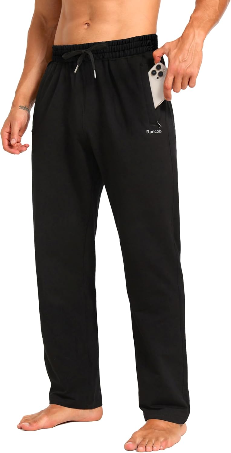 Skiennix Men's Cotton Yoga Pants - Casual Jersey Sweatpants with Zipper Pockets | Open Bottom, Straight Leg