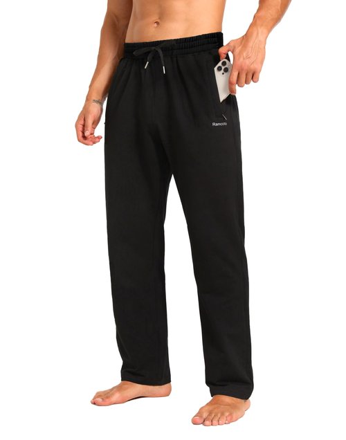 Men's Sweatpants Cotton Yoga Pants Casual Jersey Pants for Men Open Bottom Straight Leg with Zipper Pockets BK Large