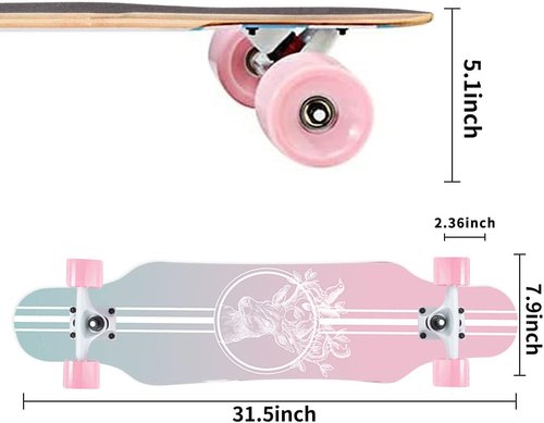 Mini Cruiser Longboard, 31 Inch Small Size Wide Wheel Skateboard, Beginner Stable & Easy-to-Control Skateboard, Suitable for Park & Street Riding, Unique Flame Pattern (Pink)