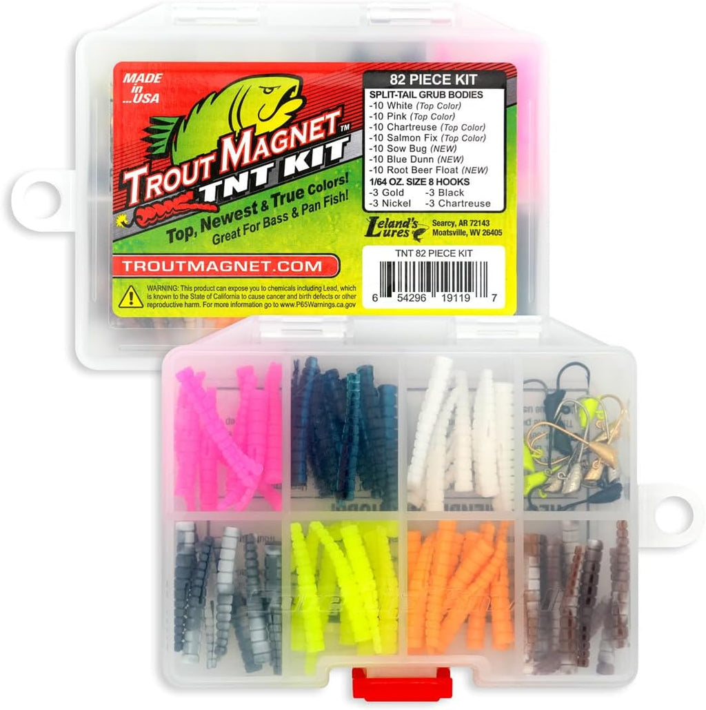 Trout Magnet TNT Kit - 82-Piece Fishing Lure Set with 70 Soft Plastics & 12 Jig Heads | Top 7 Colors