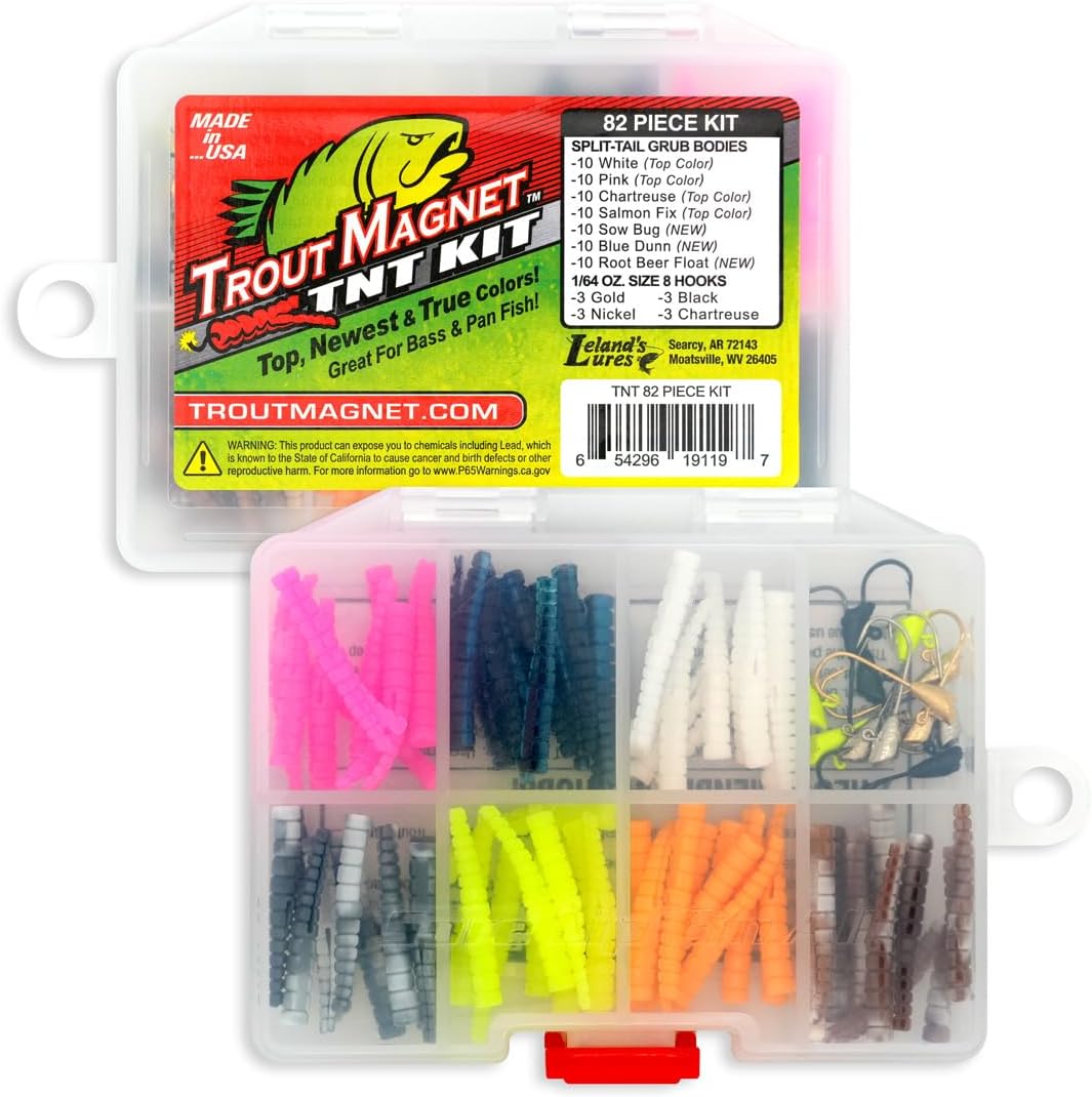 Trout Magnet TNT Kit - 82-Piece Fishing Lure Set with 70 Soft Plastics & 12 Jig Heads | Top 7 Colors