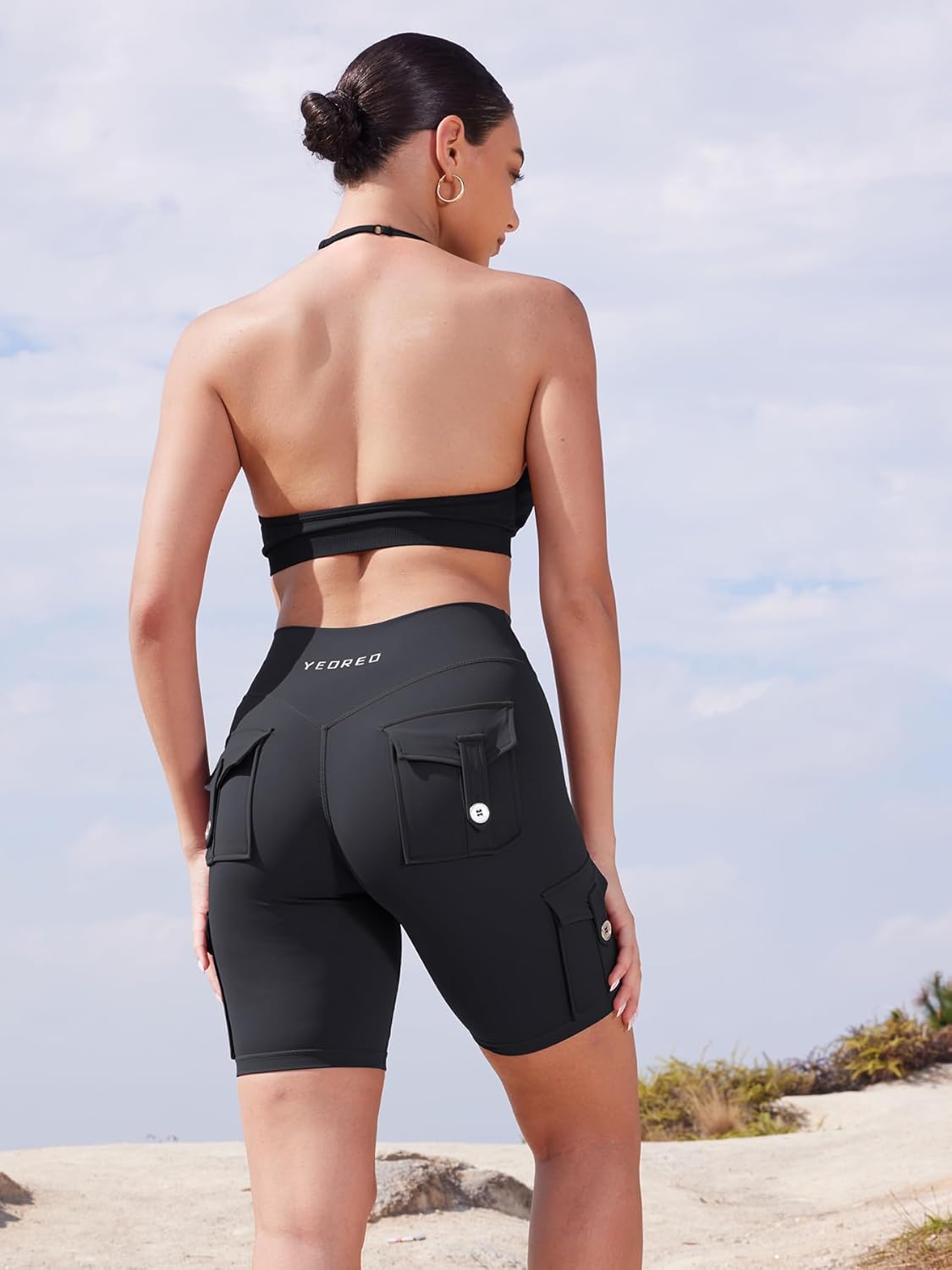 YEOREO CoreFlex Women's High Waisted Biker Shorts - Hidden Cargo Pockets | 8" Inseam Gym Shorts