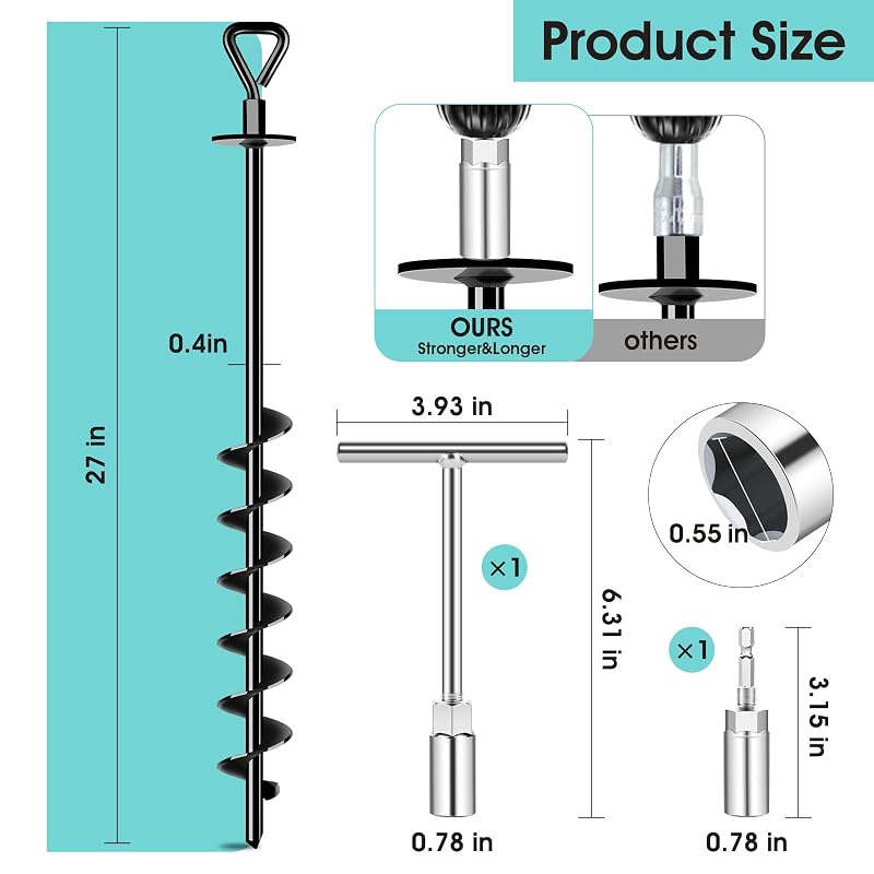 Ground Anchors Screw-In for High Wind - 4x27" Set with Wrench & Nut Driver (Black)
