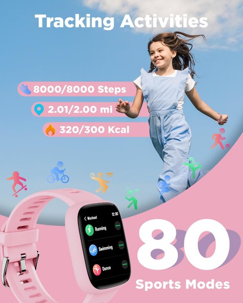 BIGGERFIVE Smart Watch for Kids, 1.8" Fitness Tracker Watch Pedometer, Heart Rate, IP68 Waterproof, Sleep Monitor, Calorie Step Counter, 5 Puzzle Games with/Without APP for Girls Teens 5-16