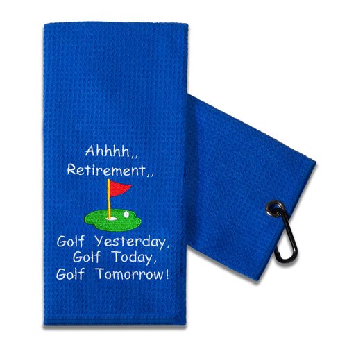 TOUNER Funny Golf Towel Gifts for Dad, Retirement Gifts for Men Golfer, Embroidered Microfiber Waffle Golf Towel with Clip (Blue, Gingham, 26x15 in)
