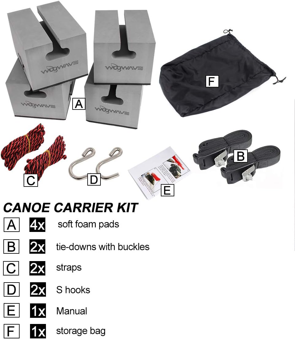 WOOWAVE Canoe Carrier - Deluxe Universal Soft Foam Block Kit for Roof Racks | Includes Tie-Downs, 6 Inches