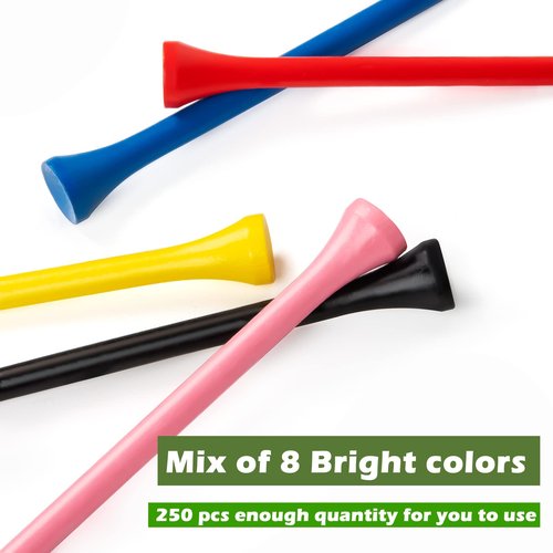 THIODOON Golf Tees 250 pcs Professional Natural Wood Golf Tees, 8 Bright Colors Mixed Size 3-1/4 inch, 2-3/4 inch and 2-1/8 inch, Tall Golfing Tees Reduce Friction