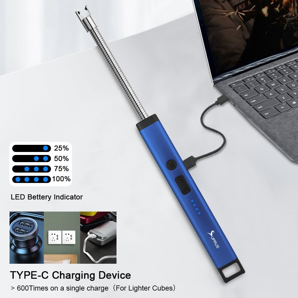 SUPRUS Rechargeable Candle Lighter - Electric Arc with Triple Safety & Stainless Steel Shell | Blue