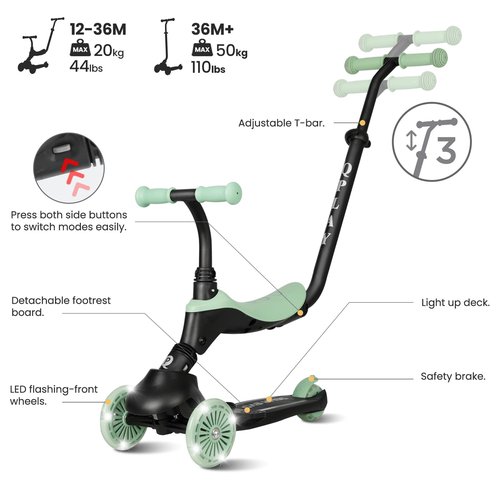 QPlay Toddler Scooter Ages 1 to 6 | Up to 110 Lbs | Kick Scooter with Adjustable Push Handle Height, Lights on Deck & 3 Wheels, Kids Ages 2 to 5 Boys & Girls Gifts (Violet) (Green)