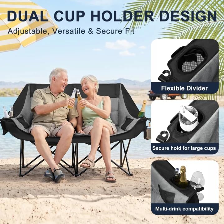 Heavy Duty 2-Person Camping Loveseat Chair - Grey, Non-Heating, 800LBS Support
