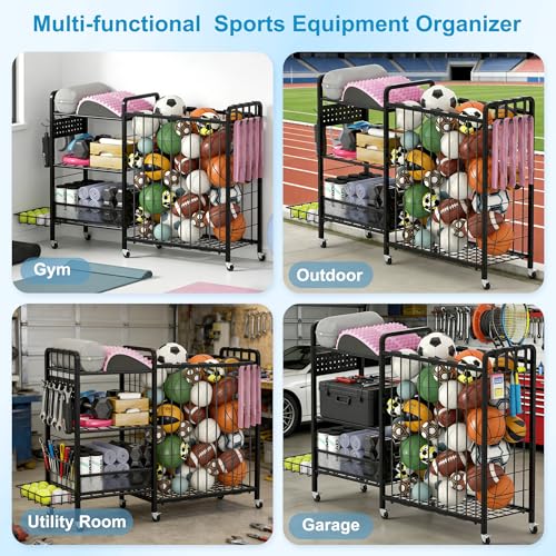 DUDUXI Deep Black Garage Sports Equipment Organizer with Wheels - Multi-Tier Ball Storage Rack with Hooks & Baskets