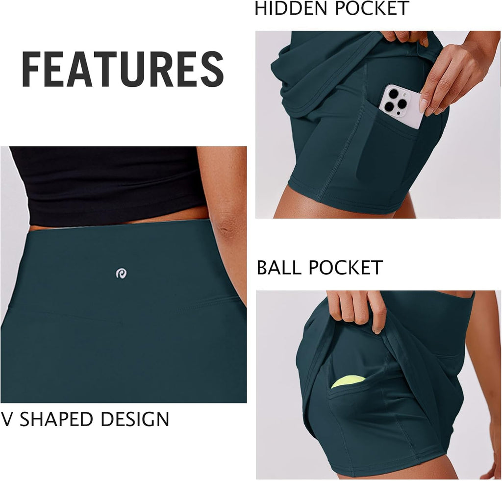 PINSPARK Women's Tennis Skirt - High Waisted Golf Skort with 2 Pockets | Stretchy Athletic Workout Skirt