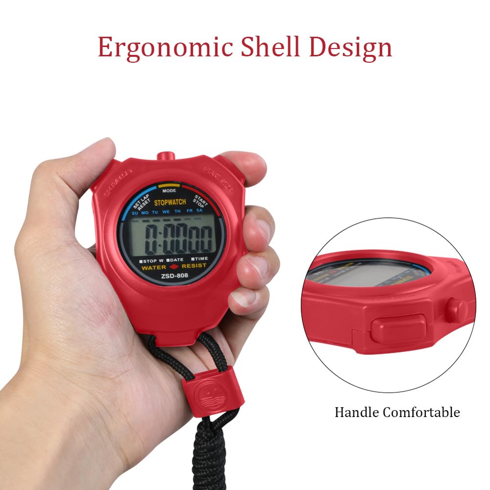 Vicloon Sport Stopwatch Timer, Professional Digital Sport Timer with Stainless Steel Whistle, Large LCD Display Suitable for Football, Basketball, Running, Swimming, Fitness and More (Red)