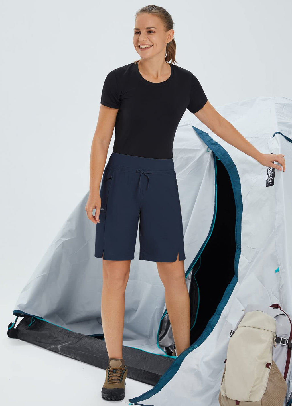 baleaf Women's Hiking Long Shorts 9" Quick Dry Hiking Bermuda Cargo for Curvy Lightweight Knee Length Shorts Pockets Navy Blue Size S