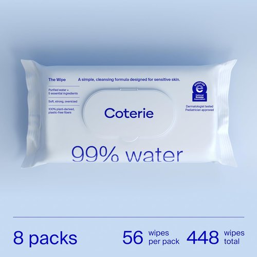 Coterie Baby Wipes - Unscented, Hypoallergenic, 99% Purified Water | 8 Pack, 448 Count, Plastic-Free