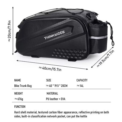 ThinkRider Bike Bags for Bicycle Rear rack 14L Hard Shell Waterproof Bike Ebike Trunk Pannier Saddle Seat Bag Carrier with Reflector, Rain Cover & Shoulder Strap for Commuter Travel Outdoor