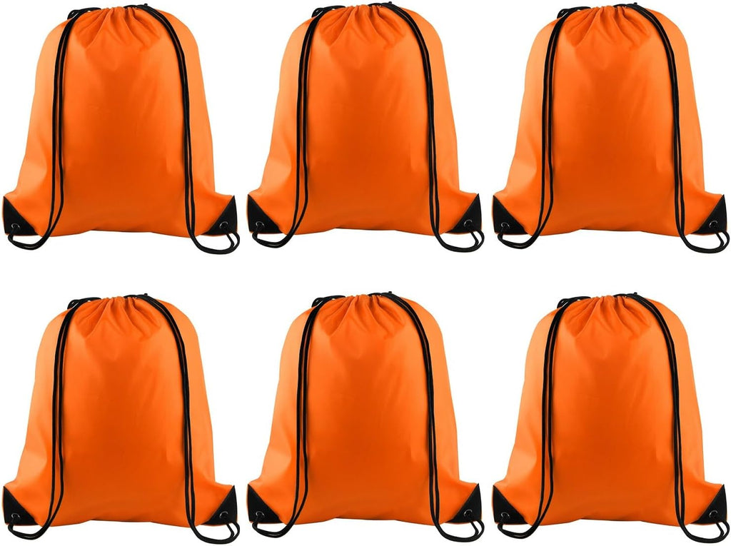 PLULON Drawstring Backpack Set - 6 Pcs Orange Cinch Sacks for Gym, Yoga & Outdoor Activities