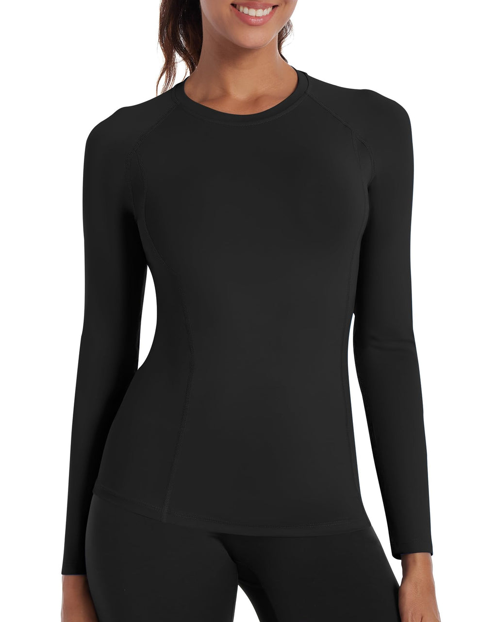 Runhit Compression Shirt Women Long Sleeve UPF 50+ Workout Undershirts Crew Neck Underscrub Athletic Running Tops Black