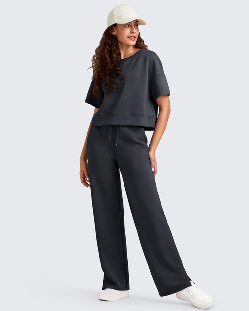 G4Free Dress Pants Women Wide Leg Sweatpants with Pockets High Waisted Drawstring Stretch Track Pants Casual Lounge Travel Pants(Black,M,Regular)