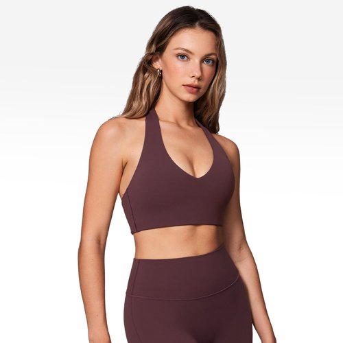 INGIA Womens Halter Longline Sports Bra Padded Low Back Yoga Bra Workout Crop Top with Built in Bra Plumbrown Medium