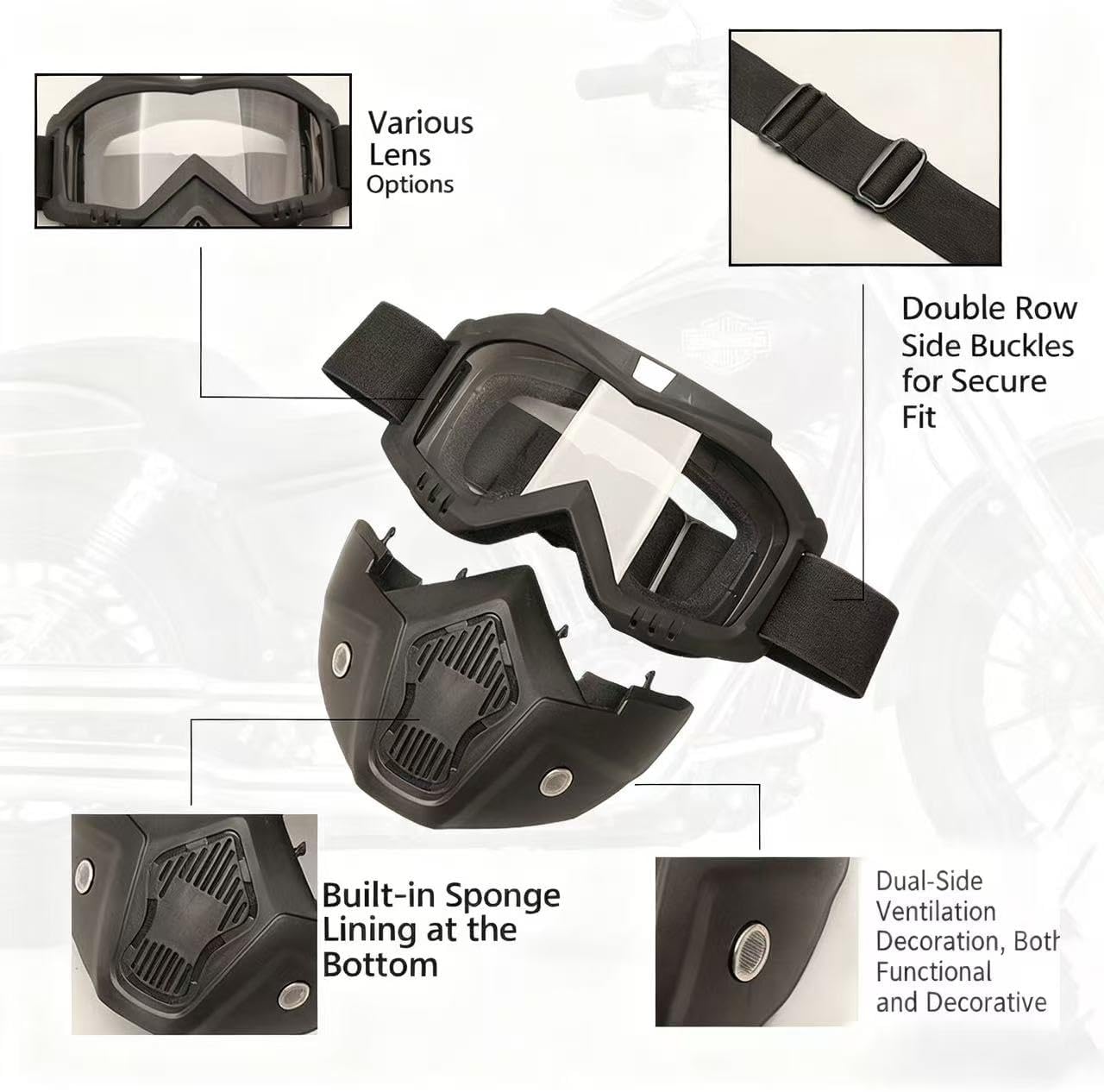 Skiennix Motorcycle Helmet Goggles - Windproof, Dustproof, UV Protection | 2 Set with Removable Face Mask