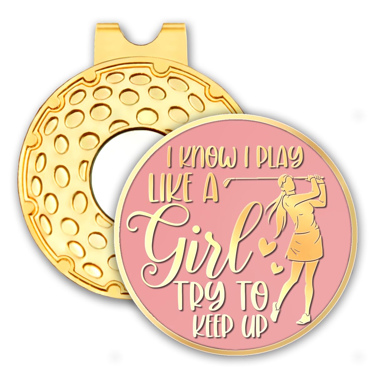 rofiowa I Know I Play Like A Girl Pink Gold Golf Ball Marker with Hat Clip, Funny Golf Accessories for Women, Christmas Mother's Day Birthday Gifts for Golf Fan Golfer, Novelty Golf Gifts(OBJ002)