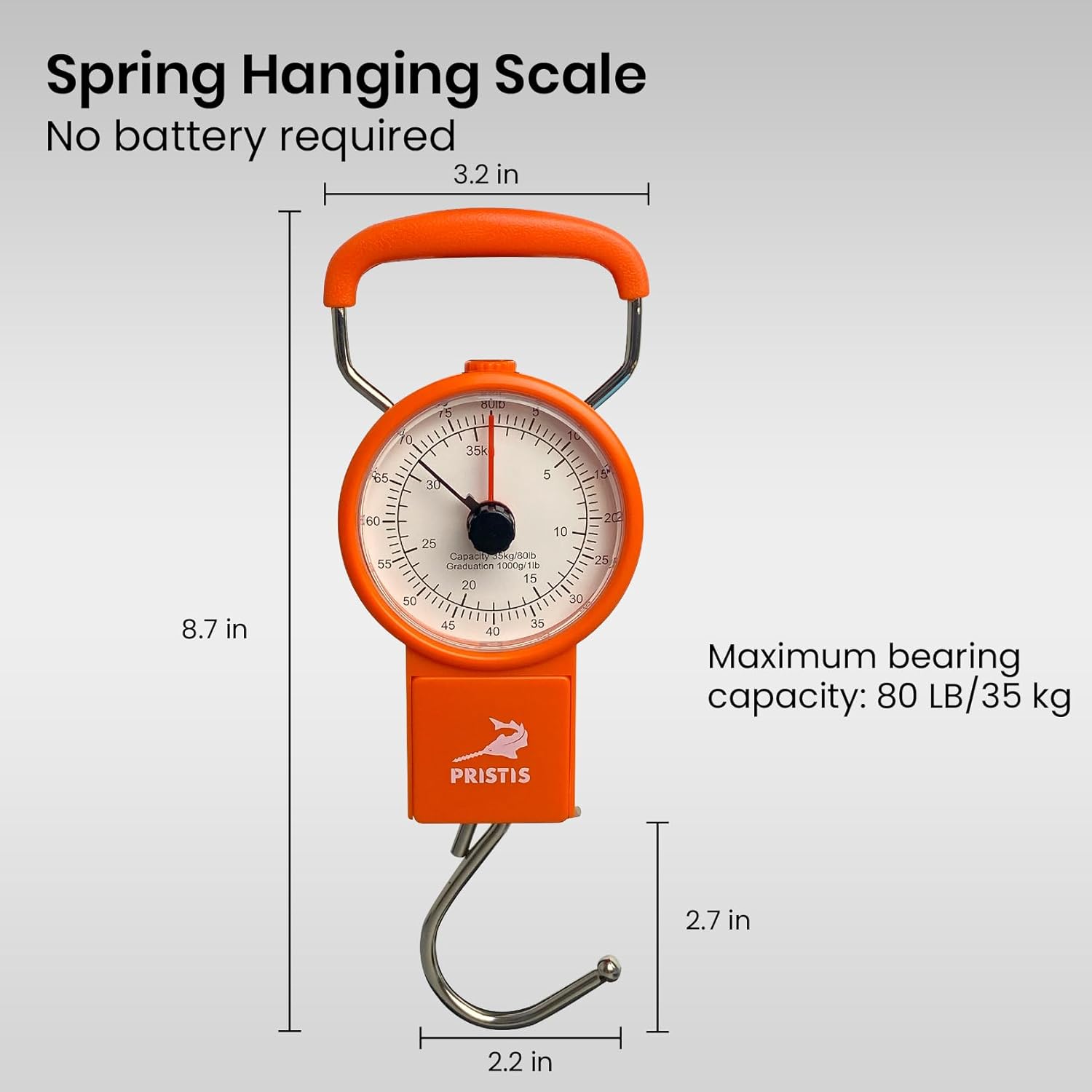 Pristis Fishing Hanging Scale - 80 LBs Analog Spring Hook with Tape Measure & Non-Slip Handle | Portable Gear for Farm & Kitchen