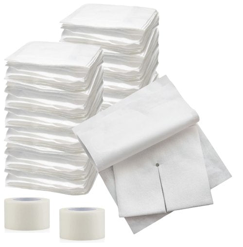 Split Drain Sponge Gauze 2x2 Sterile 6 Ply Pads [Pack of 140] Absorbent Precut 2"X2" Non-Woven Slit Bandage for I.V. Tracheostomy - 2 Boxes of 35 Packs of 2 Pre Cut Bandages + 2 Rolls of Medical Tape
