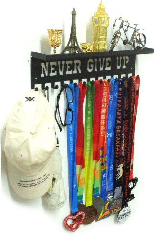 Never Give Up Medal Hanger Display - 3" Trophy Shelf with Hooks | Easy Install Wall Shelf (Black)