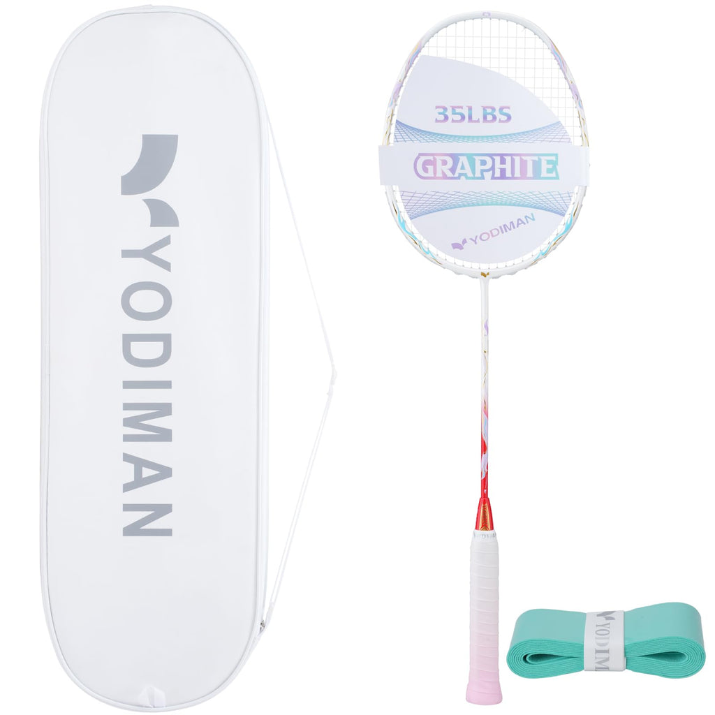 YODIMAN Single Professional Badminton Racket for Advanced Players - 50T Graphite Carbon Fiber with Aerodynamic Frame, Pre-Strung 26lbs, Ultra-Light 5U for Club & Tournament