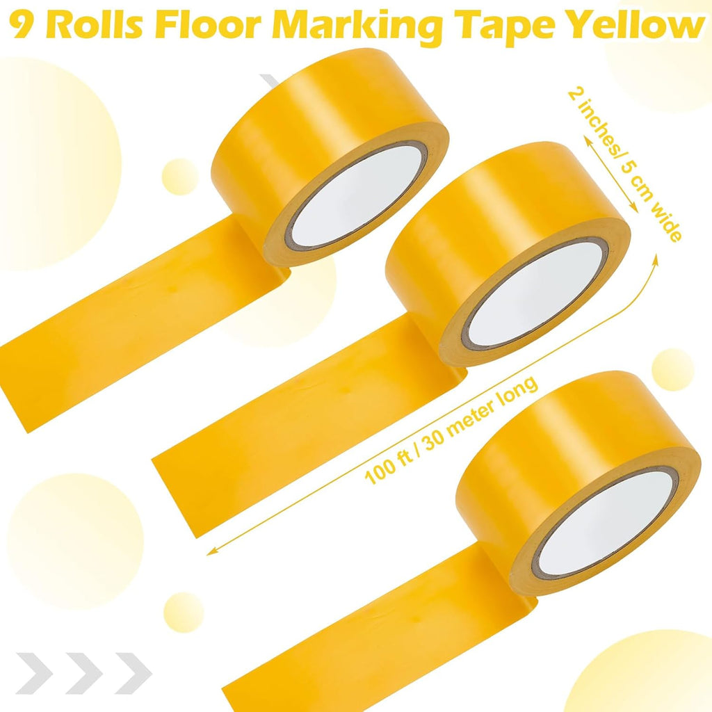 Outus Floor Marking Tape - Durable 2" Wide Yellow Non-Abrasive 100' Length | Ideal for Social Distancing, Gyms, and Heavy Foot Traffic (9 Rolls)