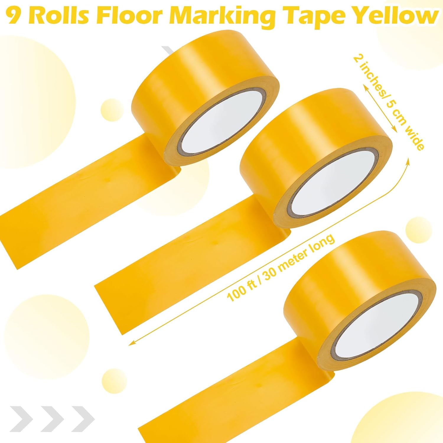 Outus Floor Marking Tape - Durable 2" Wide Yellow Non-Abrasive 100' Length | Ideal for Social Distancing, Gyms, and Heavy Foot Traffic (9 Rolls)