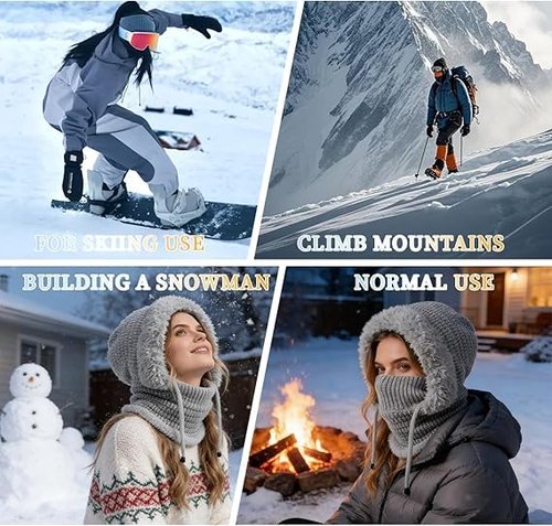 3 in 1 Winter Beanie Hat for Women, Knitted Hat with Scarf and Face Mask, Warm Ski Beanie Set for Cold Weather Outdoor (Grey)