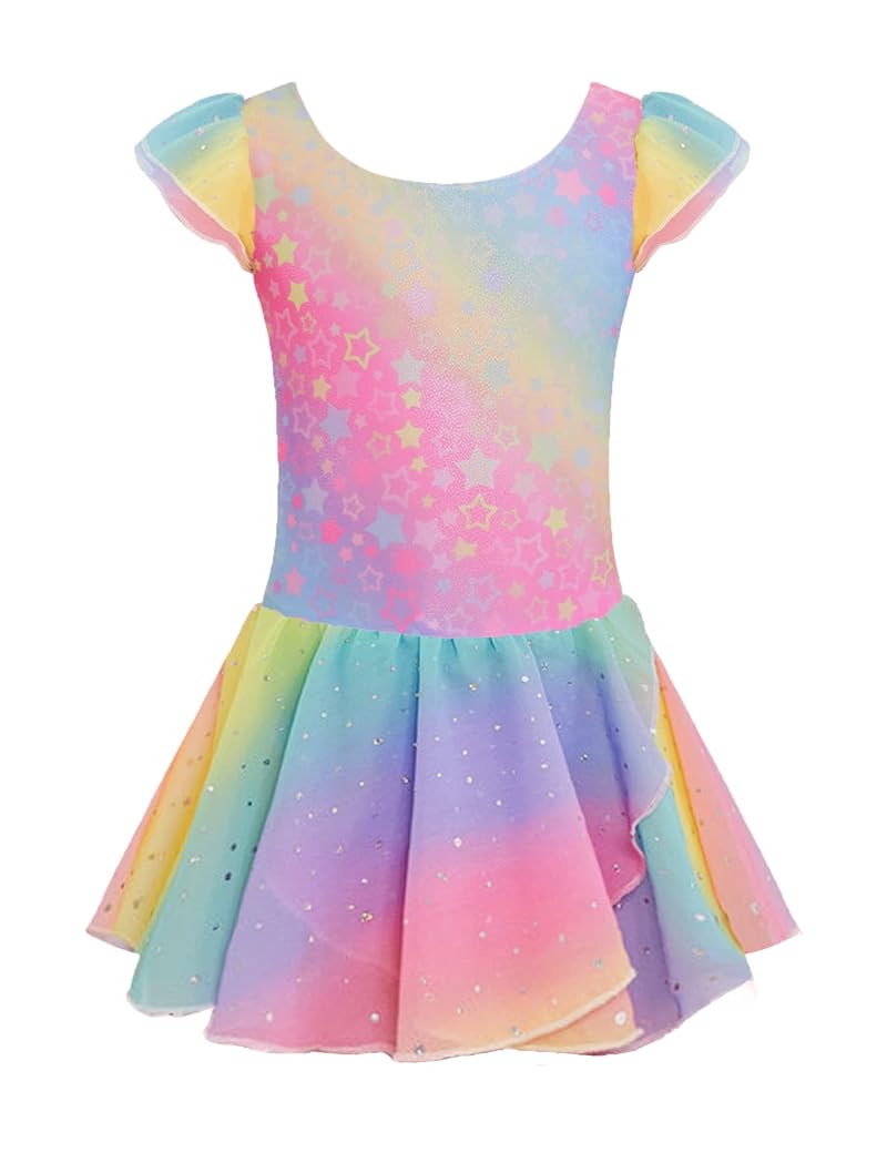 Rainbow Star Variation: Arshiner Girls Ruffle Sleeve Ballet Leotard Dress Tutu Skirt