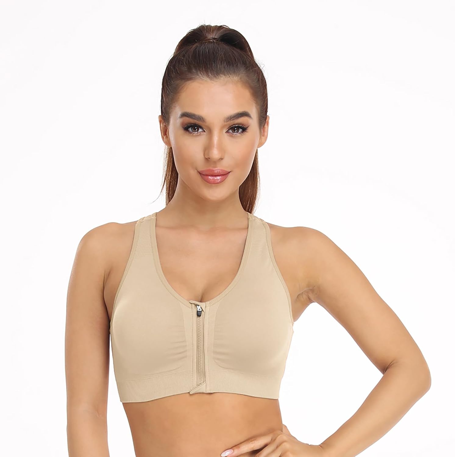 Skiennix Women's Zip Front Sports Bra - Wireless Post-Surgery Support for Yoga & Fitness