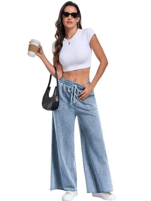 TITOMD Womens Wide Leg Sweatpants Jeans Acid Wash Denim Sweatpant Drawstring 2026 High Waist Baggy Casual Palazzo Pants Navy XL