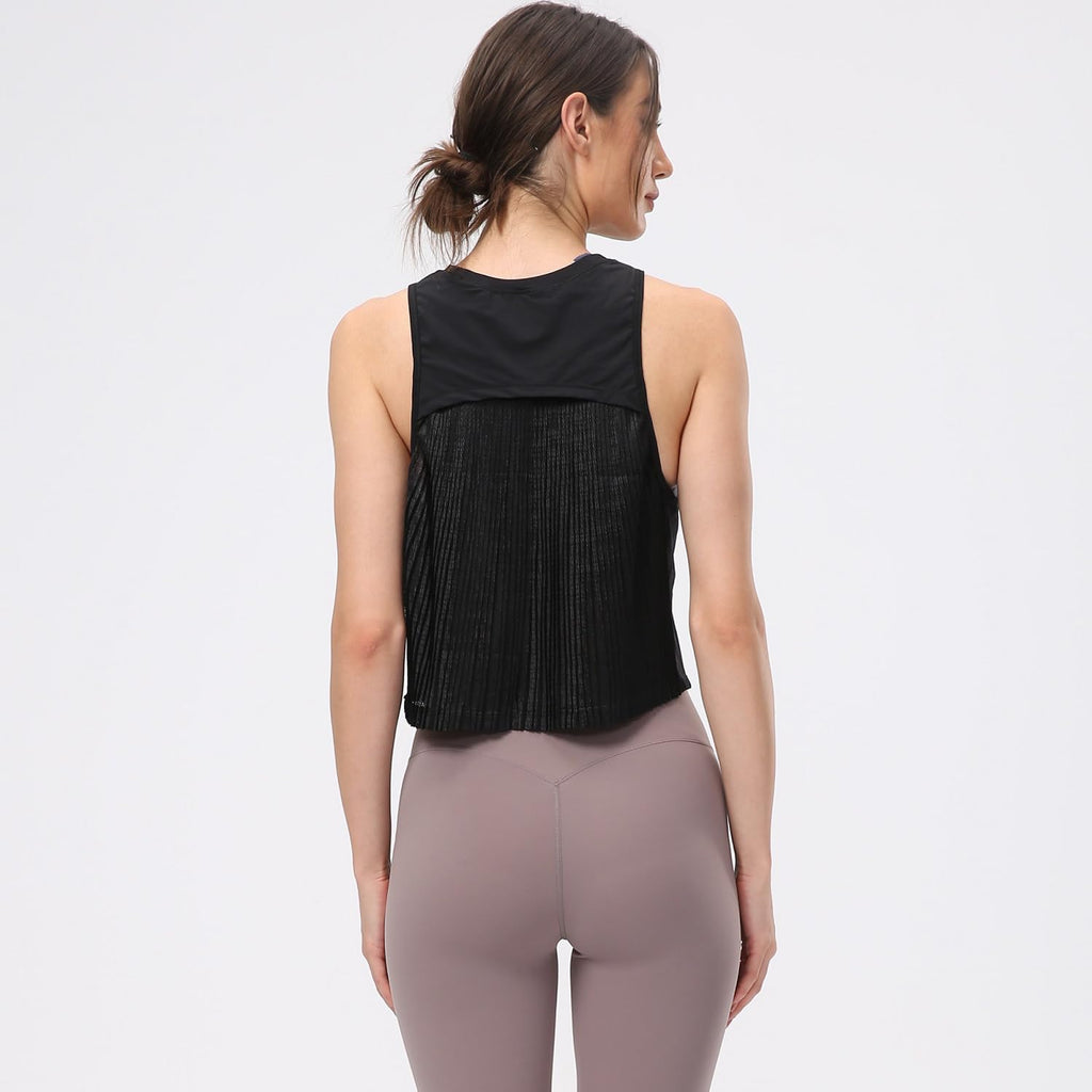 Women's Pleated Cropped Sports Tank Tops Sleeveless Running Workout Tops Active Yoga Tops Shirts(Black,8)
