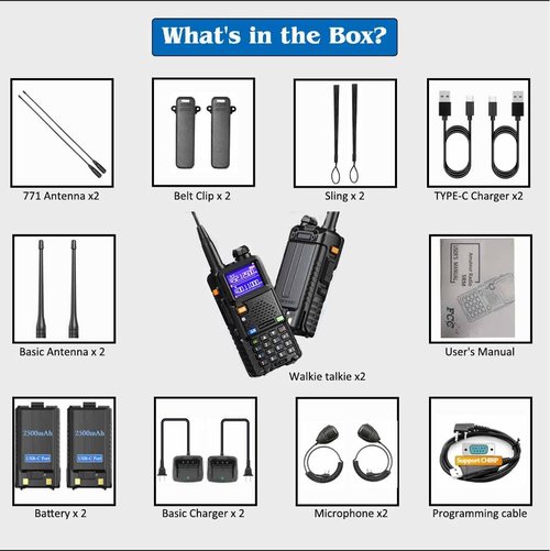 BAOFENG UV-5RM 10W Long Range Ham Radio Walkie Talkie with NOAA Weather Receiver 2500mAh Rechargeable Battery one-Key Frequency Copy Micphone Type-C Charging and Programming Cable (Gain Antenna)