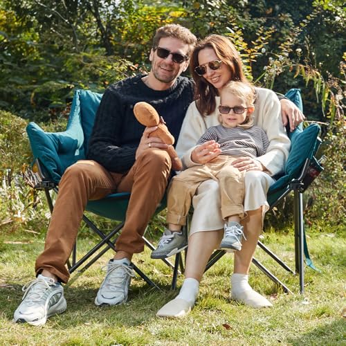 Ever Advanced Green Double Camping Chair with Padded Seat & Side Pocket - Supports 600lbs, Foldable, 2 Person Outdoor Couch, Upgraded 47.2x20.5x37.4