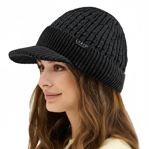 Lvaiz Womens Satin Lined Winter Beanie Hat with Brim Visor Warm Knit Cuffed Skull Baseball Cap Silk Lining Hat for Men Black
