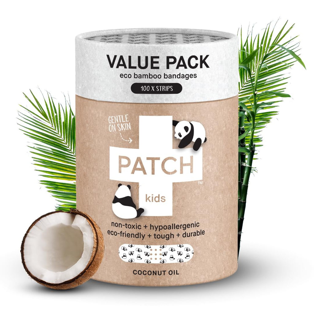 PATCH 100 Pieces, Coconut Oil, Value Pack, Kids Panda Eco-Friendly Bamboo Adhesive Bandages for Scratches & Grazes, Hypoallergenic Wound Care for Sensitive Skin, Biodegradable, Latex & Plastic Free