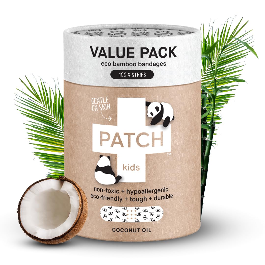 PATCH 100 Pieces, Coconut Oil, Value Pack, Kids Panda Eco-Friendly Bamboo Adhesive Bandages for Scratches & Grazes, Hypoallergenic Wound Care for Sensitive Skin, Biodegradable, Latex & Plastic Free