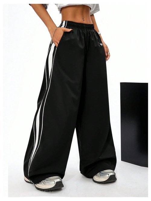 GORGLITTER Women's Baggy Sweatpants Track Pants Joggers Y2k Bottoms Wide Leg Striped Oversized Sweat Pants Streetwear Black Medium