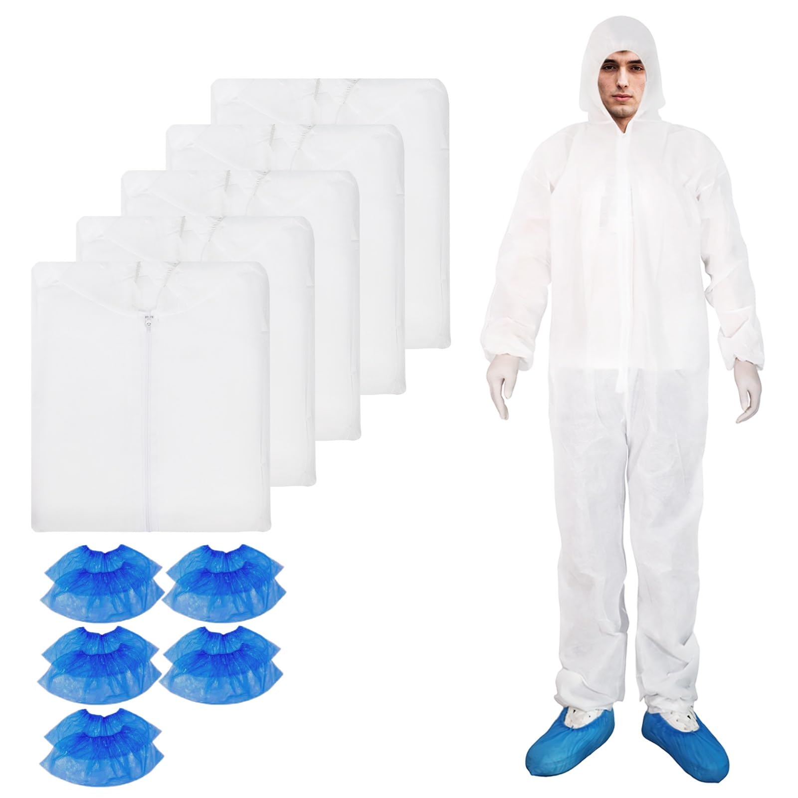 ETERNA Hazmat Suits- 5 Pack Disposable Protective Coveralls with Hood, Zipper, Elastic Wrists, Shoe Covers for Men & Women, Shield from Dirt, Dust, Paint (White, X-Large)